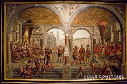 Im Bild Gerechtigkeit und Ungerechtigkeit. Gemälde von 1594 aus dem Danziger Ratssaal.